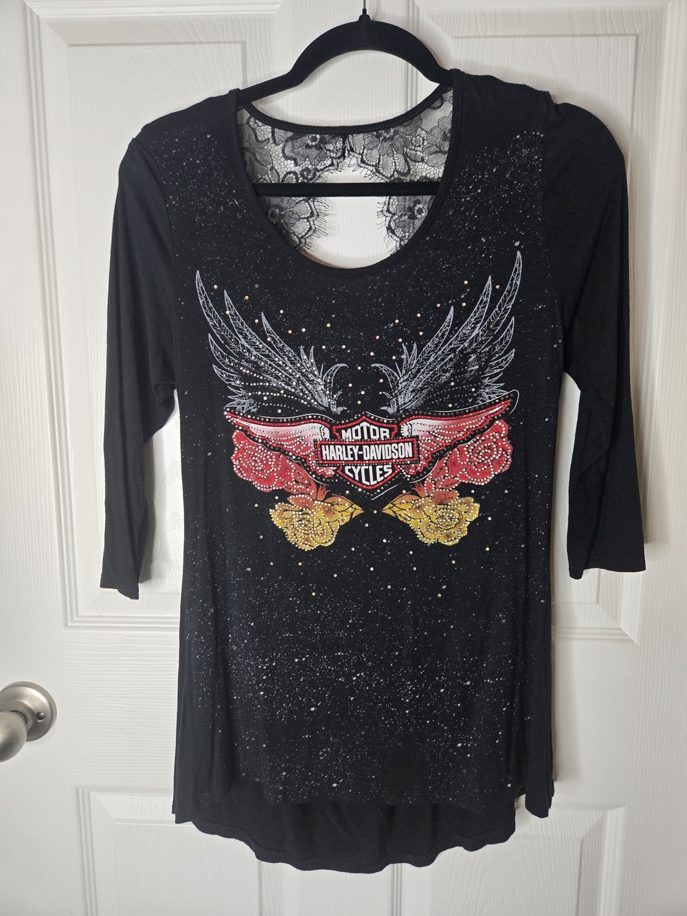 Harley-Davidson Women's Black Winged Logo Top with Glitter Open Back